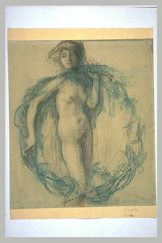 Femme nue, debout, de face, dans une couronne de feuillage vert, image 1/1