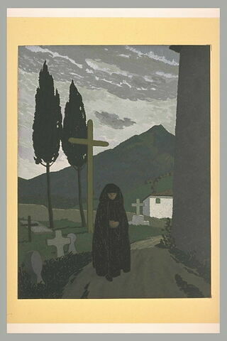 Au cimetière : une femme en grand deuil, voilée et drapée