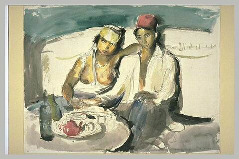 Couple d'Ouled Nail : assis devant une table ronde garnie d'une théière, image 1/1