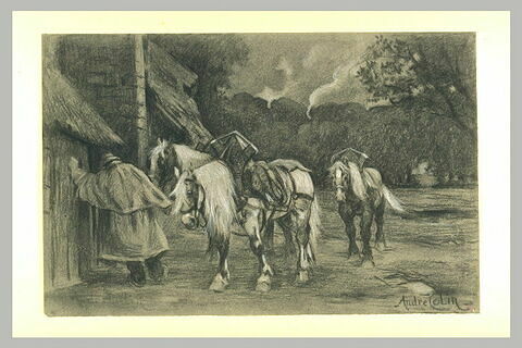 Homme rentrant à l'écurie trois chevaux de labour