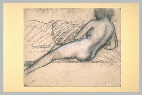 Femme nue, vue de dos, à demi couchée sur un divan, image 1/1
