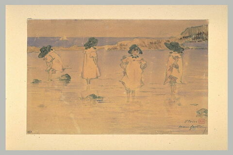 Saint Briac : petites filles pataugeant dans une mare, en bordure de mer, image 1/1