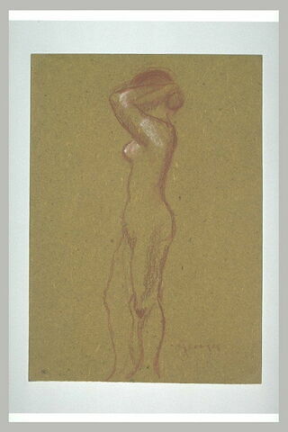 Femme nue, debout, se coiffant, de profil à gauche, image 1/1