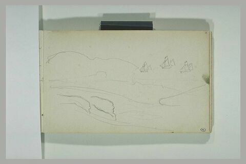 Paysage avec falaises et rochers ; trois bateaux, image 1/2