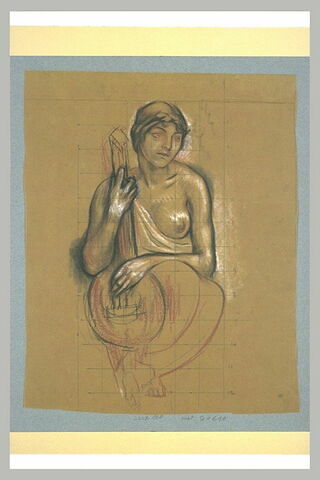 Femme assise, de face, vêtue d'une tunique laissant nu le sein gauche,..., image 1/1
