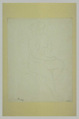 Femme nue, assise, main droite posée sur la cuisse gauche