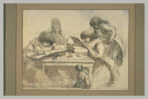 Deux hommes écrivant à une table, entourés de deux personnages