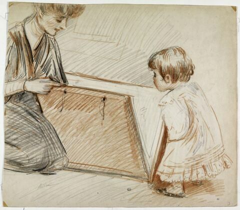 Madame Helleu, à genoux, regardant un carton à dessin avec Paulette