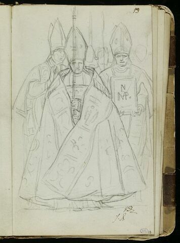 Groupe de prélats, l'un revêtu d'un chape et portant la hampe d'une croix