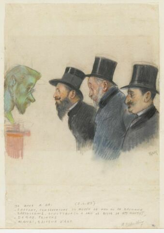 Trois hommes, contemplant la tête d'un homme barbu, image 1/2