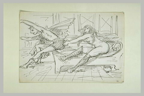 Femme nue sur un canapé retenant un homme par son pantalon, image 1/1