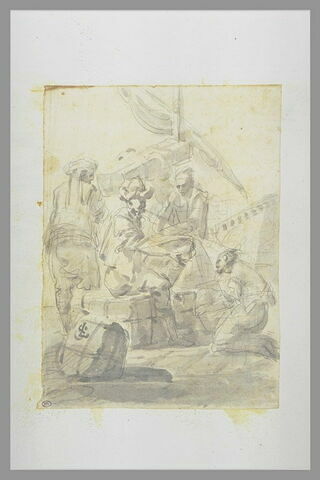 Homme agenouillé devant un marchand et des matelots sur un quai