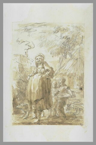 Paysanne avec deux enfants et un chien, devant une chaumière