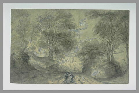 Paysage avec deux personnages sur une route descendant entre des arbres