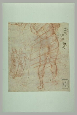 Homme nu attaché : Christ à la colonne (?) ; deux figures nues