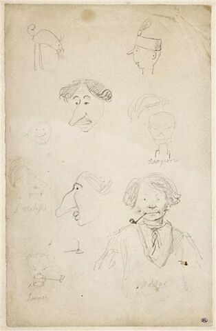 Croquis caricaturaux avec huit têtes et un animal et autoportrait