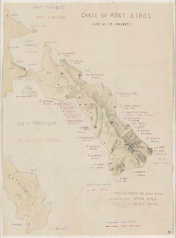 Carte du Mont Athos avec ses vingt-trois couvents, image 1/2