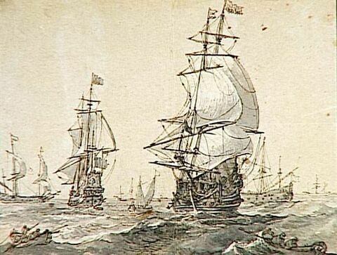 Trois barques et six vaisseaux en rade, image 1/1