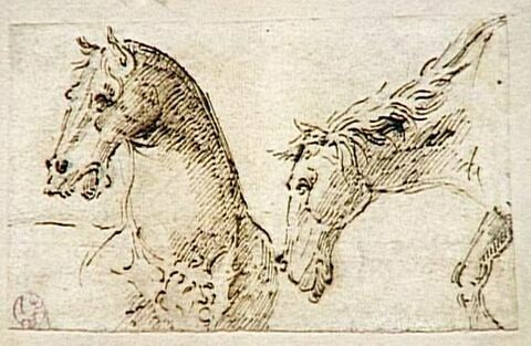 Tête et encolure de deux chevaux, dont un avec le plastron orné d'un masque
