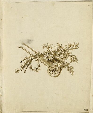 Brouette, branches de lys et couronne de fleurs