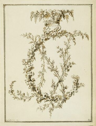 Lichen et branches de fleurs formant le chiffre N. C., couronné de feuillage