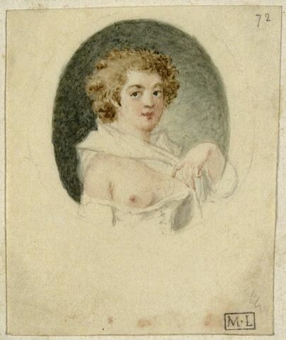 Jeune femme en buste dans un ovale, le sein droit dénudé