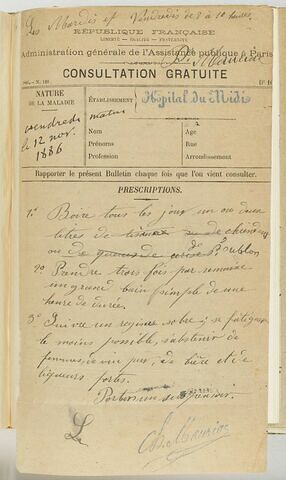 Bulletin de consultation gratuite de l'hôpital du Midi, 12 novembre 1886, image 1/1