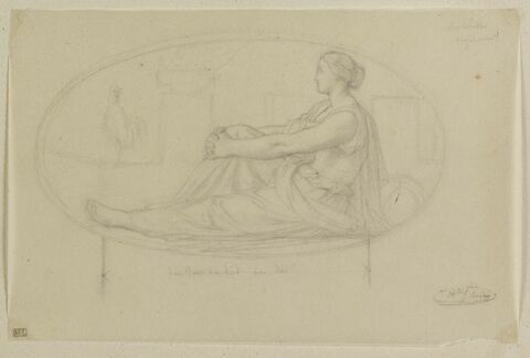 Femme assise, avec un coq, dans un ovale, allégorie de la Vigilance