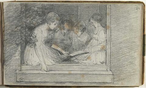 Une jeune fille et quatre enfants lisant un livre, dans l'encadrement d'une fenêtre