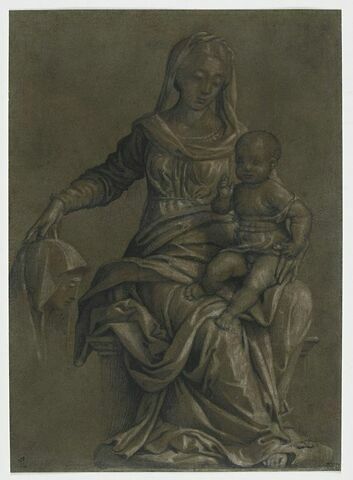 Vierge à l'Enfant sur un trône et figure de sainte de profil à gauche