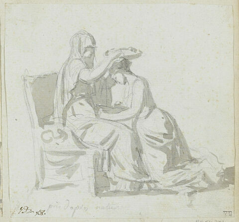 Une femme assise, portant un voile, couronne une jeune fille agenouillée