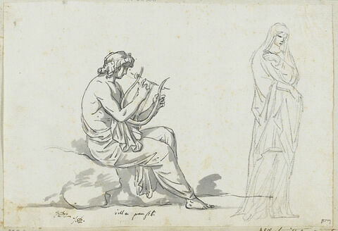 Jeunne homme assis jouant de la lyre et femme drapée, tournée vers la droite, image 1/1