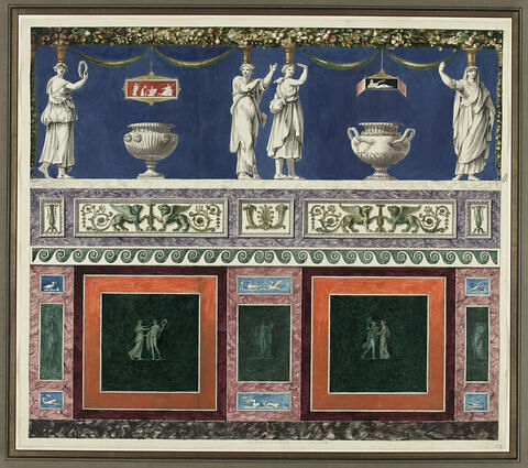Projet de décor de boiserie aux caryatides avec deux grands vases antique en partie haute, image 1/1