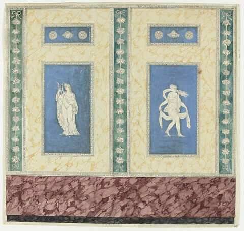 Projet de décor de boiserie avec les figures de la Musique, à gauche, et de la Danse, à droite, sur fond bleu, image 1/1