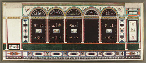 Projet de large décor mural aux colonnades : cinq panneaux verticaux surmontés de scènes antiques semi circulaires sur fond sombre