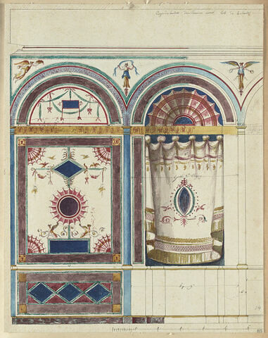 Projet de décor de boiserie du boudoir de Mr Morel : deux grands panneaux cintrés avec motifs de rideaux à droite et genre indienne à gauche avec oiseaux et sphynges