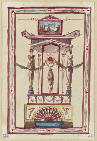 Projet de décor de boiserie : petit kiosque avec quatre caryatides et une figure féminine drapée au centre. Petit panneau orné d'un paysage orné sur le toit, image 1/1