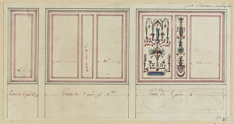Projet de décor de boiserie pour Mme Christophe : trois éléments dont deux composés de trois panneaux, image 1/1