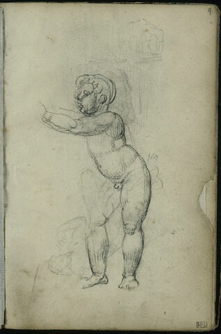 Enfant nu, debout, de trois-quarts à gauche, petit croquis d'architecture et personnage allongé d'après L'Aurore de Michel-Ange, image 1/1