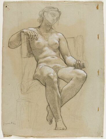 Femme nue assise, tournée vers la droite, la main et le bras droits appuyés sur le dossier de son siège, la main gauche reposant sur la cuisse gauche, les pieds croisés