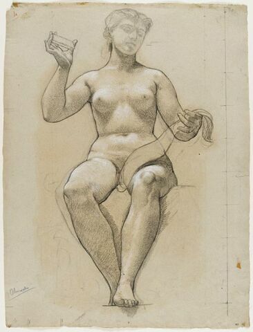 Femme nue projetant les rayons issus d'un prisme qu'elle tient de la main droite levée, sur une bande de papier qu'elle retient de la gauche, image 1/1