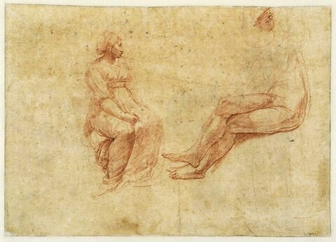 Femme en robe, assise ; figure nue, assise, les jambes croisées, image 1/1