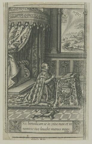 Louis XIII, à genoux rend grâce à Dieu de son couronnement