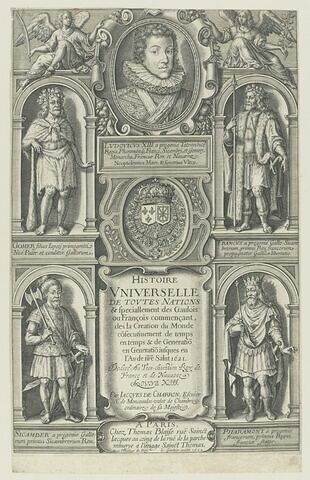 Titre de l'histoire universelle de toutes les nations avec le portrait de Louis XIII et autres rois
