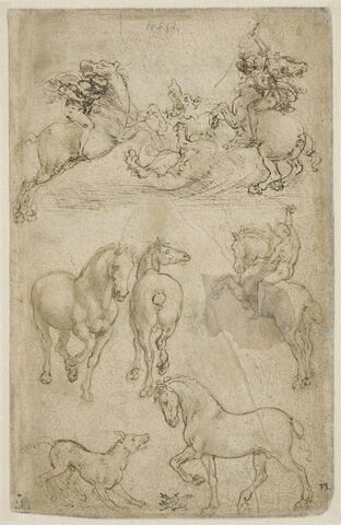 Deux cavaliers combattant un dragon, deux chevaux, un cavalier, un chien et un cheval, image 1/3