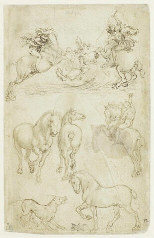 Deux cavaliers combattant un dragon, deux chevaux, un cavalier, un chien et un cheval, image 2/3