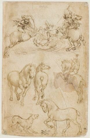 Deux cavaliers combattant un dragon, deux chevaux, un cavalier, un chien et un cheval, image 3/3