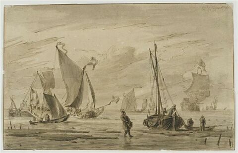 Bateaux sur une mer calme, au premier plan, un homme portant un panier, image 1/1