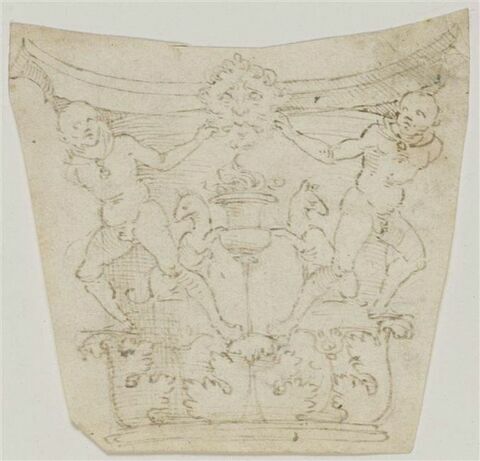 Chapiteau décoré avec des feuilles d'acanthe, deux personnages nus, un mascaron central et deux animaux, image 1/1