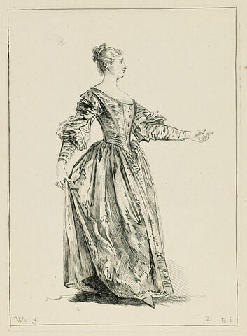 Femme en pied, de profil, relevant sa jupe de la main et donnant la main gauche dans une attitude de danse